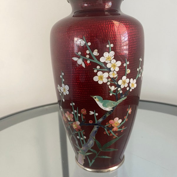 Vintage Japanese Cloisonne Red Vase Bird on Cherry Blossom Flowers