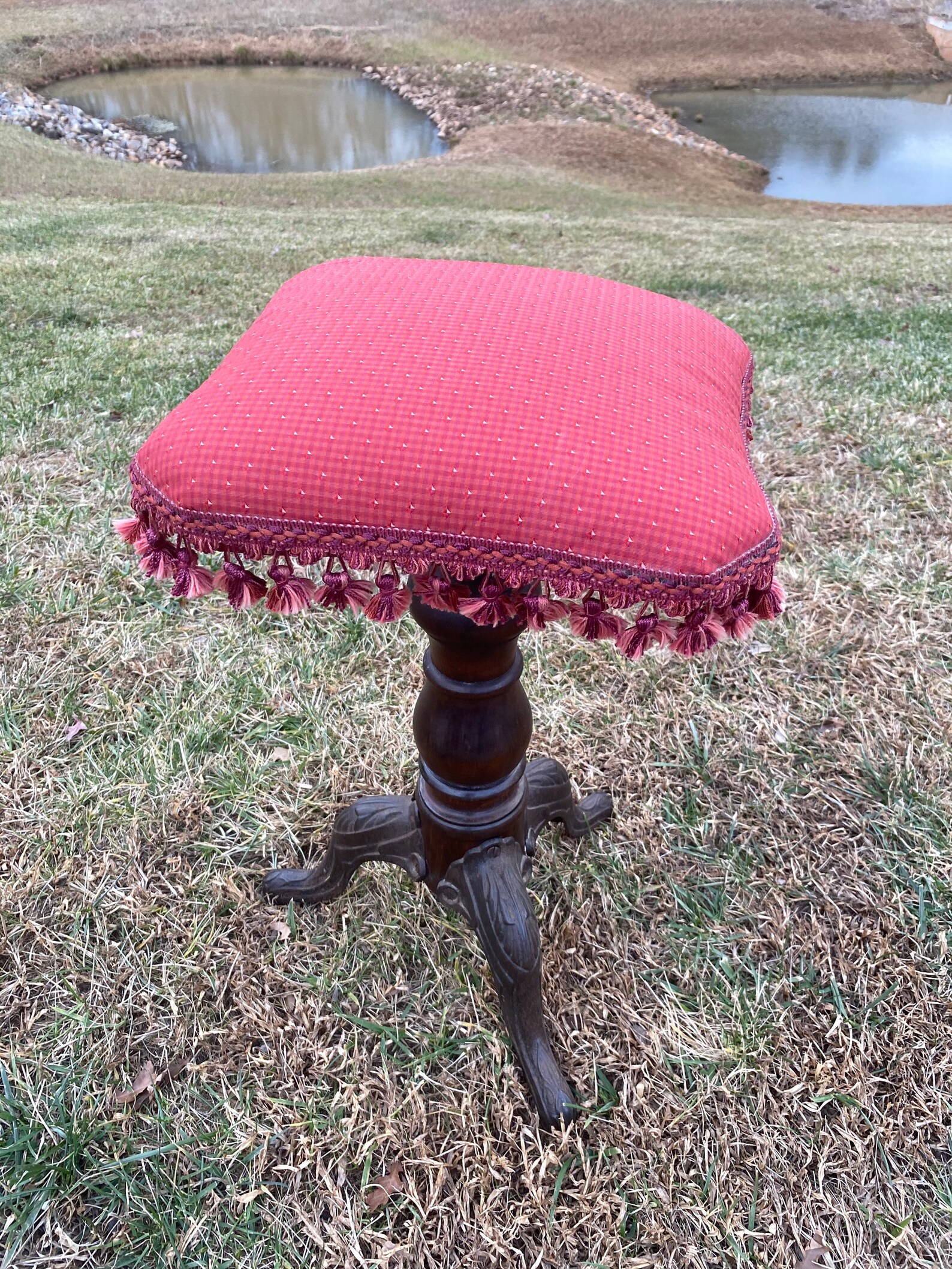 Vintage Antique Piano Stool Dark Wood Tassel Cushion Brass Metal - Etsy