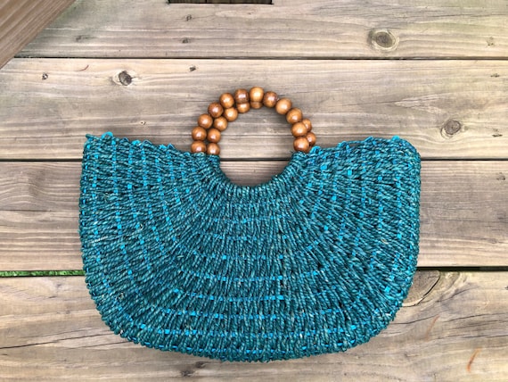 Womens Retro Wicker Hand Bag Vibrant Turquoise Woo