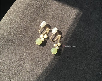 Freshwater Pearl Hetian Jade Green Apple Shaped Ear Clips, Dainty Pearl Dangling Clip Earrings, 14K Gold Filled Jewelry, Anniversary Gifts