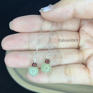 Dainty Hetian Jade Beaded Pendant Wire Earrings, Good Luck Natural Green Jade Ear Wire, Green Jade & Red Garnet Beaded Dangle Earrings
