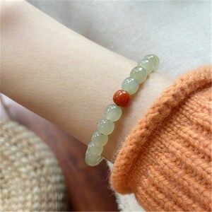 Elastic Style Bracelets, Real Hetian Jade Round Beads Bracelet with South Red Agate Bead, Nephrite Bracelet, Healing Bracelets, Gift for Mom