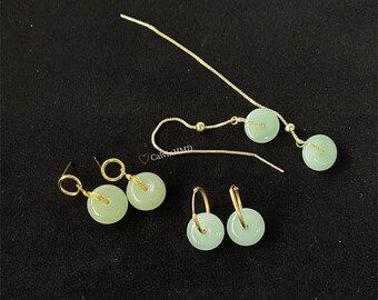 Real Hetian Jade Donut Pendant Earrings, Chic Circle Pale Green Jade Dangle Necklace, Good Luck Jade Jewelry Set, Anniversary Gift for Her