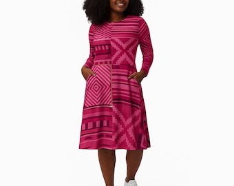 Pink Kente Dress, African Print Midi-style With Pockets, Long Sleeve, Cultural Fashion for Women