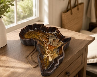 Africa Shaped Bowl • Handmade African Decor • Wooden Afrocentric Centerpiece • Luxury Home Accent • Gold-Fire Resin Interior •
