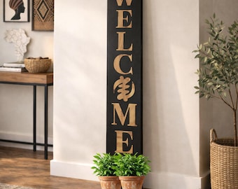 Black Gye Nyame Welcome Porch Leaner Sign: Afrocentric accent decor, Engraved Adinkra symbol sign