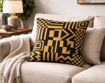 Black & Gold Kente-Inspired Throw Pillow | Afrocentric Home Decor | African Pattern Accent Pillow | Modern Cultural Decor