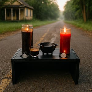 Peut inclure: Une table en bois noire supporte une bougie rouge allumée, une bougie sombre, un petit chaudron noir, un verre de liquide foncé et deux cristaux clairs. La scène se déroule sur une route avec une maison en arrière-plan.