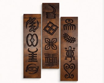 Adinkra Symbol Wall Panels Set of 3, Engraved Wood Decor, Afrocentric Art