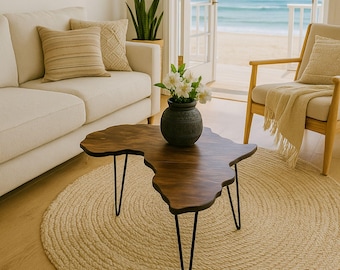 Handmade Africa Shaped Coffee Table: Mid-Century Modern Foldable Hairpin Legs