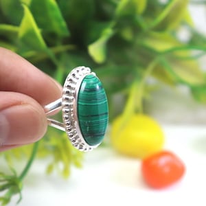 Sterling Silver Malachite Ring: Dainty Stacking Gemstone Ring