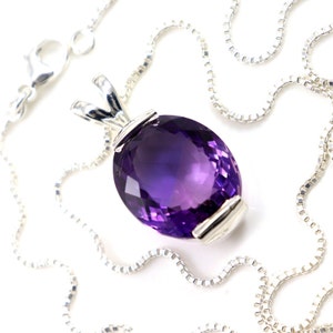 Oval Amethyst Sterling Silver Necklace: 20.84 ct AAA Grade