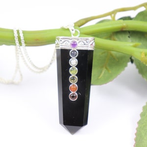 Schwarz Obsidian Chakra Anhänger: Versilberte Edelstein-Halskette