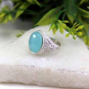 Sterling Silver Aqua Chalcedony Ring - Boho Gemstone Statement Ring