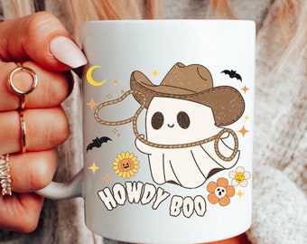 Howdy Boo Western Ghost Mug Fall Aesthetic Coffee Mug Adorable Cowboy Spooky Vibes Ghost Mug Hey Boo Ghost Mug Vintage Halloween Vibes Gift