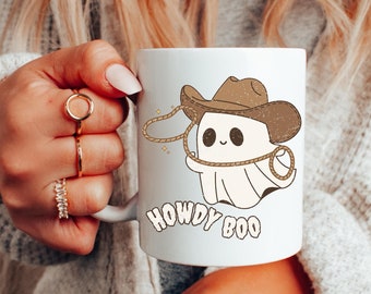 Howdy Boo Western Ghost Mug Fall Aesthetic Coffee Mug Adorable Cowboy Spooky Vibes Ghost Mug Hey Boo Ghost Mug Vintage Halloween Vibes Gift