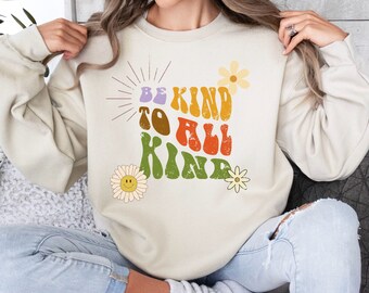 Be Kind To All Kind School Teacher Student Classroom Kindness Spread Love Floral Retro Vintage Logo Unisex Heavy Blend Crewneck Sweatshirt