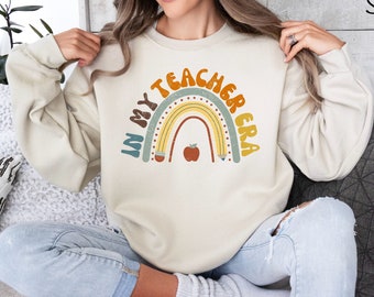 In My Teacher Era Sweatshirt Teacher Gift Retro Groovy Distressed Boho Rainbow Cute Bohemian Student Teacher Era Gift Crewneck Sweatshirt
