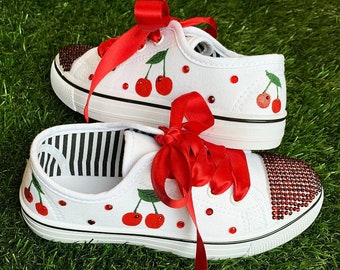 CHERRIES ~ Hand Painted Toddler & Kids Cherry Shoes w/ Rhinestones and Ribbon Laces! SO SWEET!!!