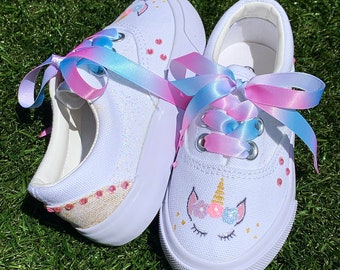 Hand Painted Cotton Candy Unicorn Toddler Girls Shoes w/ Rhinestones and Ribbon Laces