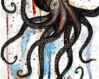 Octopus Watercolor DIGITAL DOWNLOAD Wall Art Watercolor & Ink Mixed Media Home Wall Decor Nautical Ocean Painting Art Drip Style Watercolor
