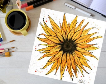 8”x8” Watercolor & Ink Fiery Sunflower Art Print on Card Stock Paper and signed