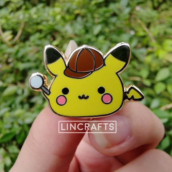 Detective Pikachu Pokemon Gold Plated Hard Enamel Pin 25.4mm x 16.7mm, comes with free sticker