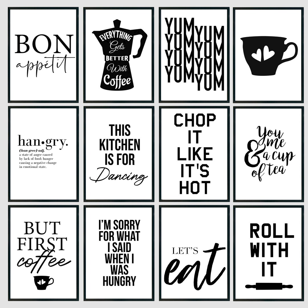 100+ kitchen art prints bundle, food & drink wall... Monochrome Kitchen Art Prints Bundle: Modern Typography (digital ...