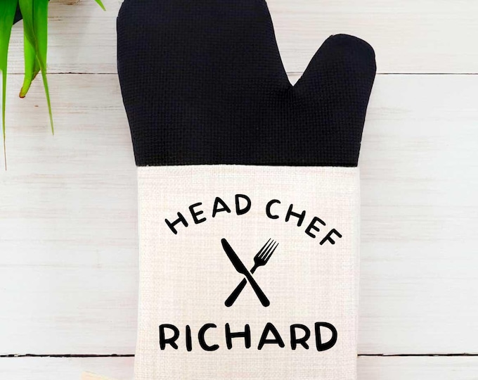 Personalised Head Chef Oven Glove, Heat Resistant Linen Kitchen Mitt