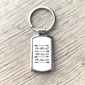 May include: Silver keychain with a white rectangular tag. The tag has three dates with arrows: 14.08.07, 29.12.13, and 19.02.21.