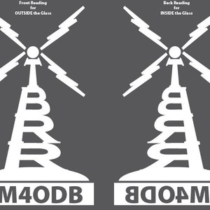 May include: A white silhouette of a radio tower with lightning bolts and the text "KM4ODB" underneath. The tower is on a gray background.