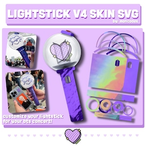Puede incluir: Un diseño SVG de skin Lightstick V4 morado con el texto "LIGHTSTICK V4 SKIN SVG" y "customize your lightstick for your bts concert!". El diseño incluye un lightstick con un gráfico de corazón y otros accesorios.