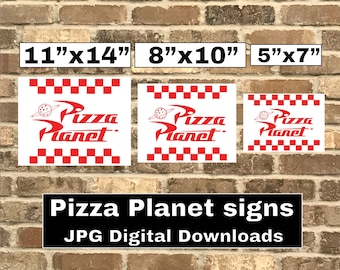 Segno di Pizza Planet per il kit di download digitale della festa di compleanno - Tre loghi Pizza Planet in formato JPG dimensioni 8x10 11x14 e 5x7 per decorazioni