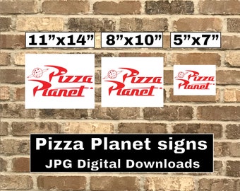 Pizza Planet sign bundle for birthday party digital download kit Three Pizza Planet Logos in JPG format sized 5x7 8x10 and 11x14 decorations