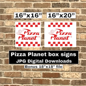 Pizza Planet Schild für Geburtstagsfeier digitaler Download Kit - Zwei Pizza Planet Logos im JPG-Format in den Größen 16x16 und 16x20 Box Dekorationen