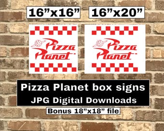 Pizza Planet sign for birthday party digital download kit - Two Pizza Planet Logos in JPG format sized 16x16 and 16x20 box decorations