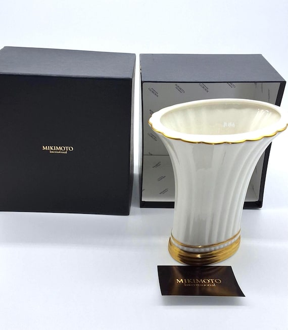 ヴィンテージ ミキモト 磁器花瓶：金と白、箱入り - Etsy 日本