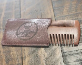 Wood Beard Comb with Custom Engraved Leather Case