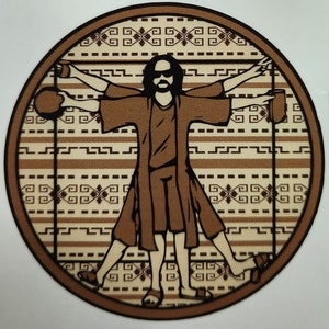 May include: A brown and black illustration of a person with outstretched arms, similar to the famous painting "The Vitruvian Man" by Leonardo da Vinci. The person is wearing a brown robe and sunglasses. The background is a brown and white patterned design.