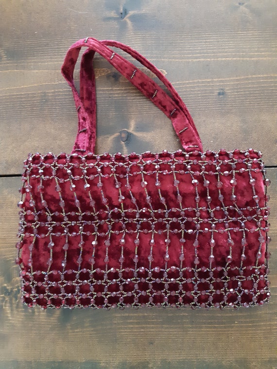 Red Beaded Bag/Vintage Beaded Bag/Velvet Beaded Ba
