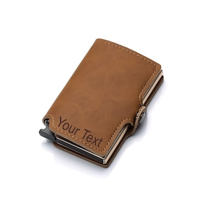 Cartera de regalo personalizada, Cartera de cuero grabada, Cartera minimalista, Cuero genuino, Cartera de tarjeta emergente, Cartera unisex, RFID, B