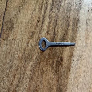 Peut inclure: Une petite clé en métal argenté avec une boucle circulaire à une extrémité et une tige rectangulaire étroite. La clé est posée sur une surface en bois avec un motif de grain naturel. La clé semble être vieillie.