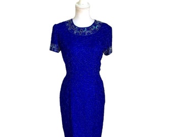 Vintage Adriana Papell Royal Blue Silk Beaded Cocktail Dress