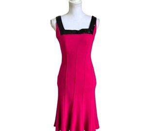 Vintage Alberto Makali Pink Black Vinyl Bow Wool Blend Dress