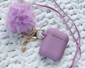 Cute Silicone Lavender Protective Airpods Case with Fur Ball Pom Pom Keychain Accessory for Apple Airpods Generation 1, 2 and Pro