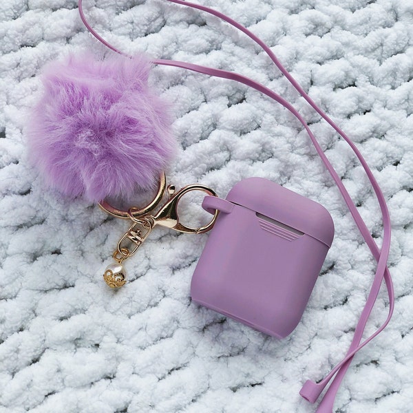 Cute Silicone Lavender Protective Airpods Case with Fur Ball Pom Pom Keychain Accessory for Apple Airpods Generation 1, 2 and Pro