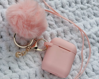 Cute Silicone Blush Pink Protective Airpods Case with Fur Ball Pom Pom Keychain Accessory for Apple Airpods Generation 1, 2 and Pro