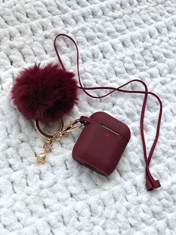 Cute Silicone Burgundy Protective Airpods Case With Fur Ball Pom Pom Keychain Accessory for Apple Airpods Generation 1 2 and Pro Etsy