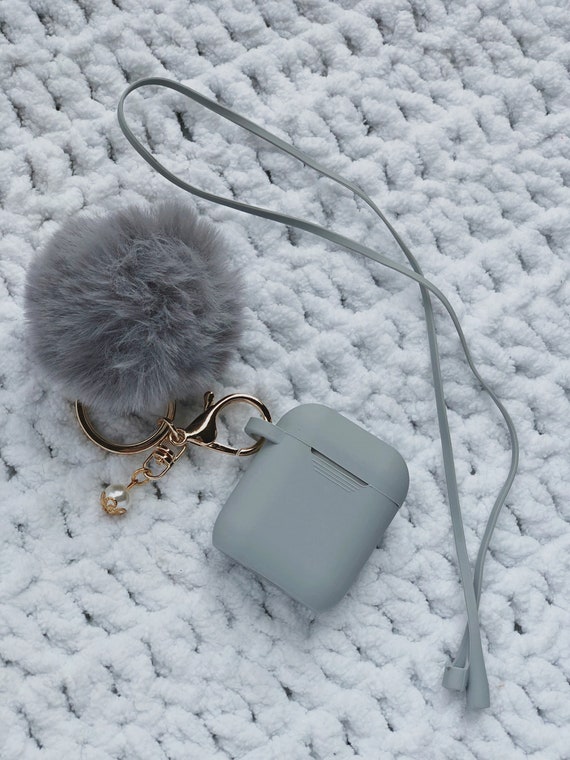 Cute Silicone Pewter Grey Protective Airpods Case With Fur Ball