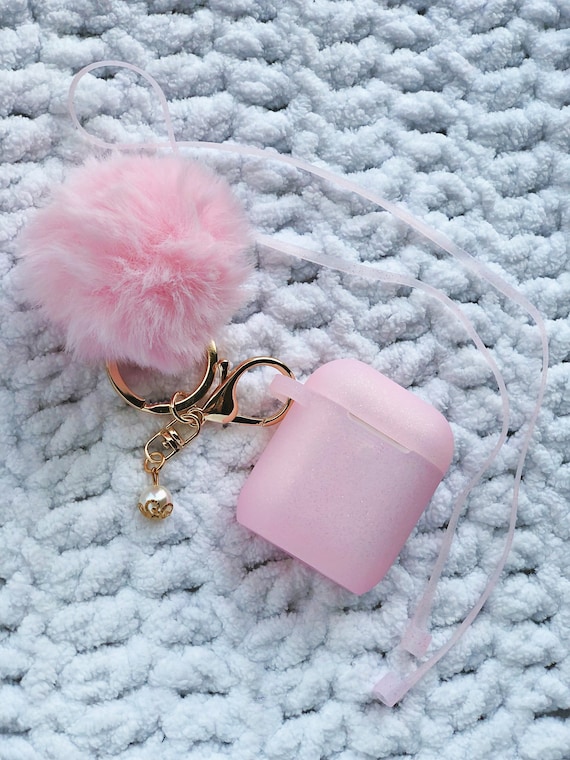 Cute Silicone Powder Pink Glitter Protective Airpods Case With Fur